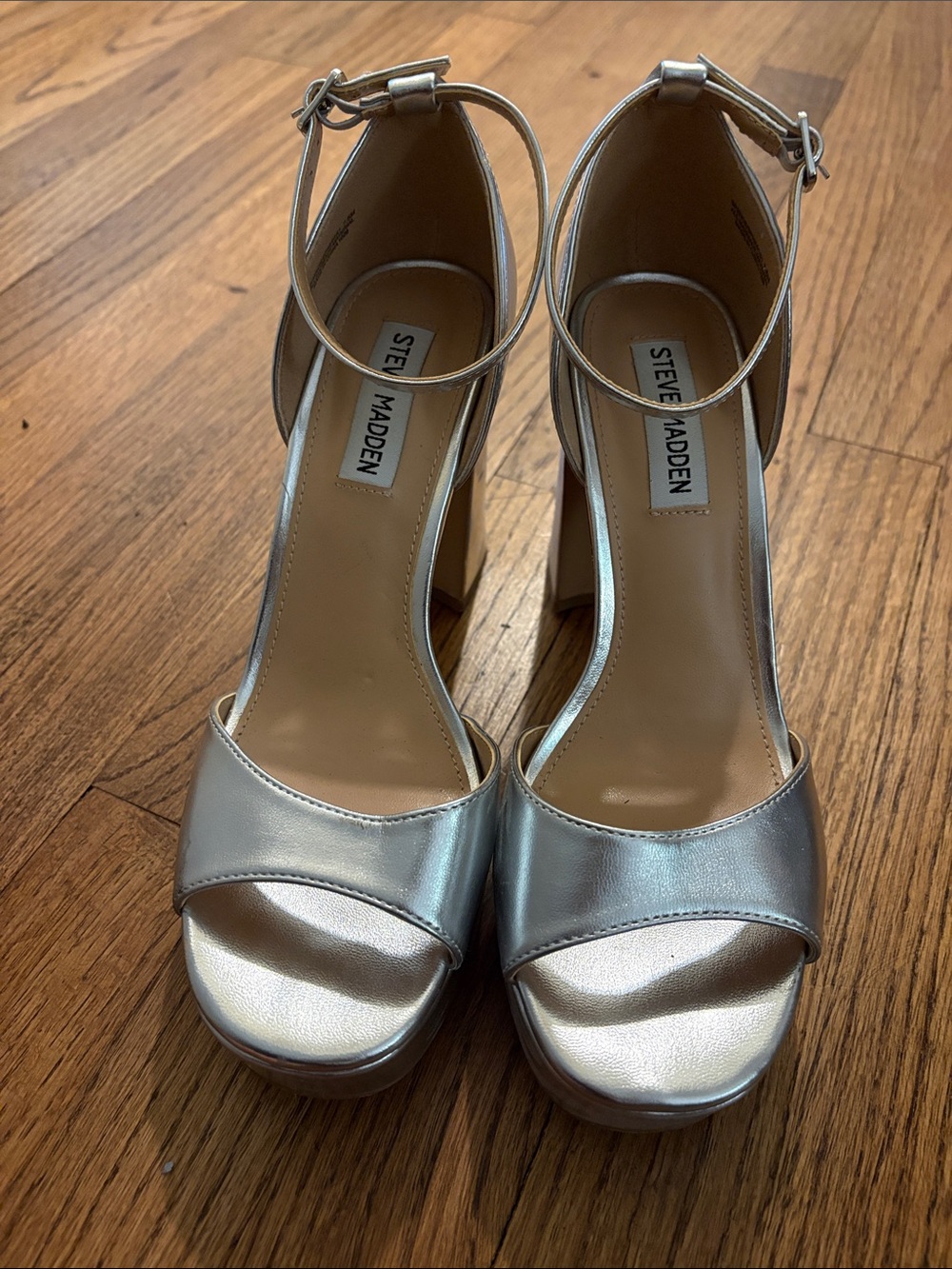 Steve Madden Metallic Silver Ankle-Strap Platform Heels